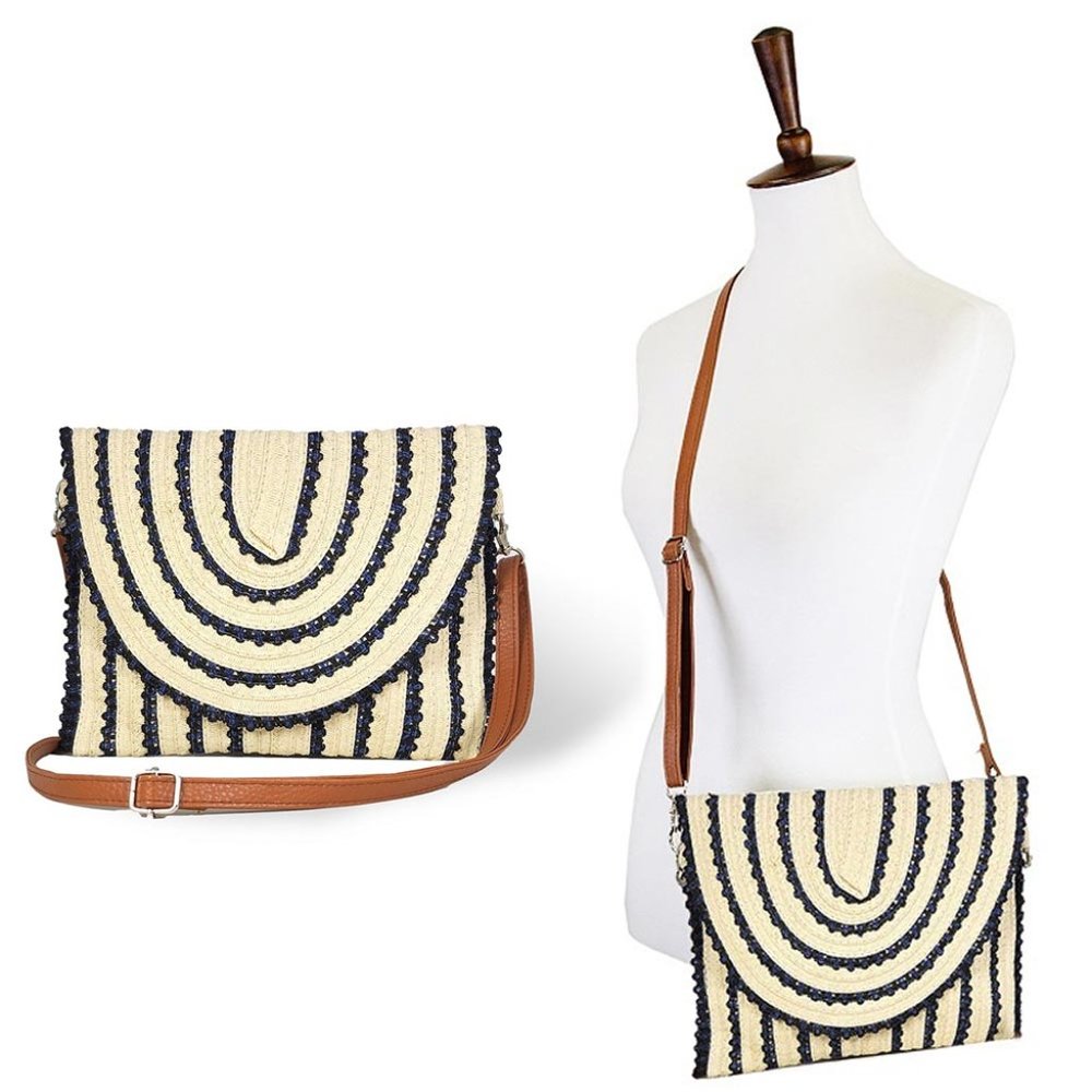 Lace Trimmed Straw Clutch / Crossbody Bag - Picture 2 of 2